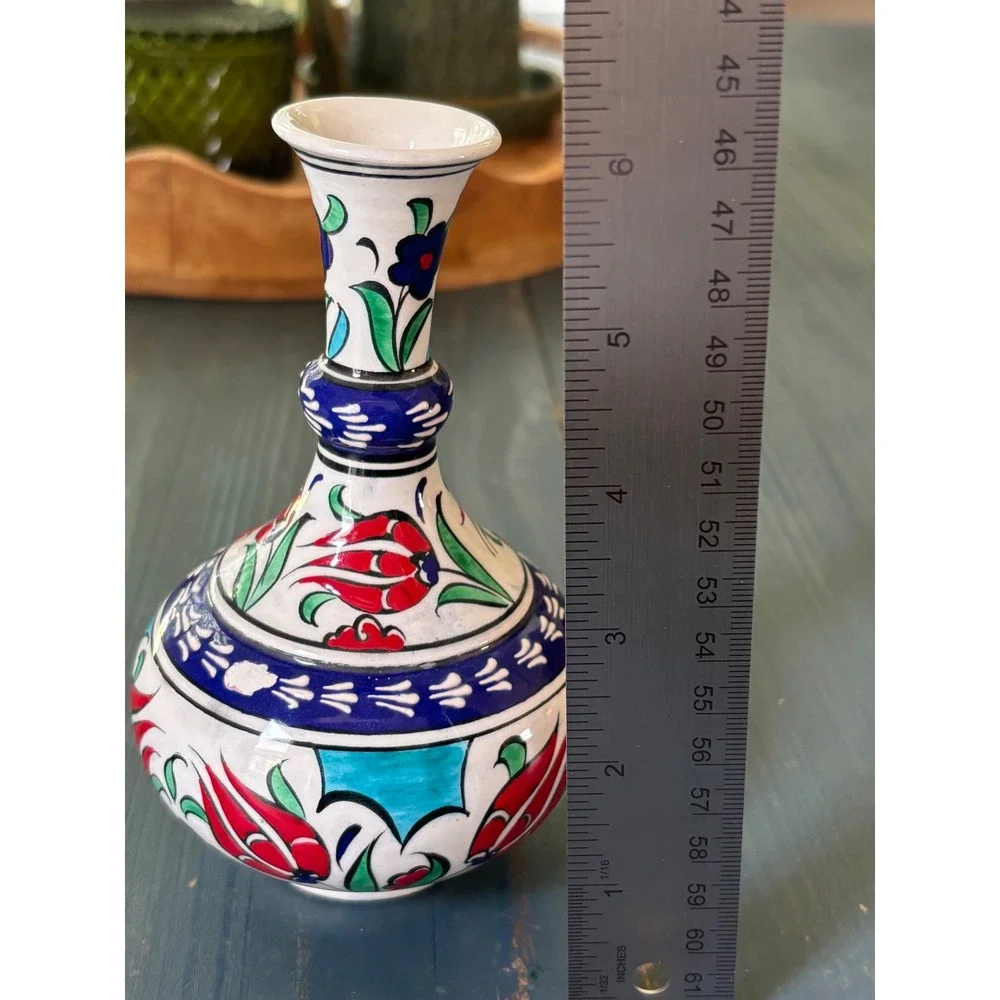 Handmade Turkish Ceramic Bud Vase Iznik Floral Hand Painted Pottery 6.25in